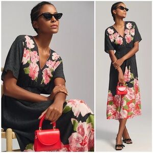 Anthropologie Bl^nk London Floral Smocked Gray Rose Kaftan Dress OS Petite
